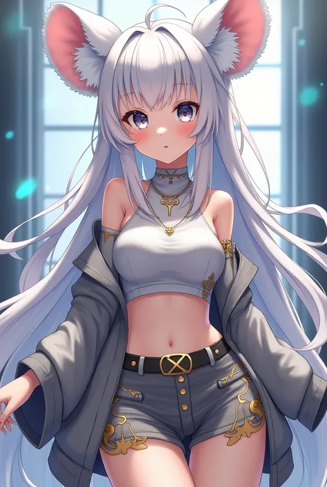 Beautiful long white hair female anime character with koala ears wearing gold accessories, cyber punk style clothes Short shirt and shorts with cardigan full body Wearing shoes or heels 