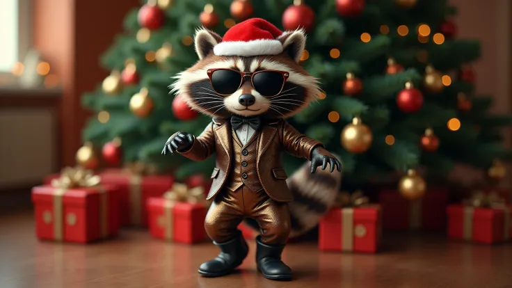 An anthropomorphic raccoon wearing a shiny metallic suit and leather shoes, wearing sunglasses and a Santa hat, dances in front of the Christmas tree
,anatomy is correct,  best quality, detail, high detail, quality,  Very Detailed ,  Ultra HD,  Retina Scre...