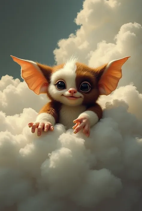 , Gizmos character from the movie “Gremlins” , lying on a cloud ,  stretches his paw in the style of Michelangellos painting The Creation of Adam