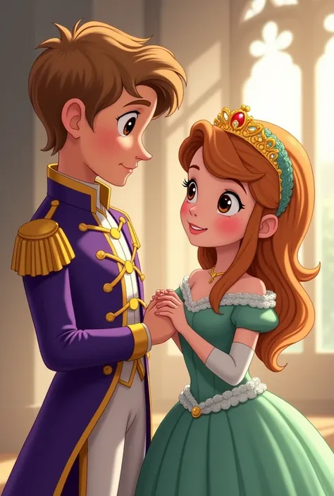 Generate anime style fanarts of an older version of Princess Amber and Prince Desmond together from the series Sofia the first. Desmond has slightly short dark blonde hair, dark eyes and a purple princely suit. He is more nervous and flustered. Amber has b...