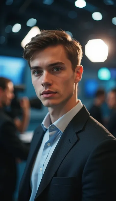 close up of nerd student in tv studio as speaker. front view.  european guy with pretty face