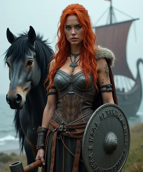 A fierce 60" Viking warrior woman in her 20s stands tall, her muscular, toned frame radiating strength and dominance. Her fiery red hair flows freely over her fair, sun-kissed skin, scarred from countless battles, with icy blue eyes that burn with intensit...