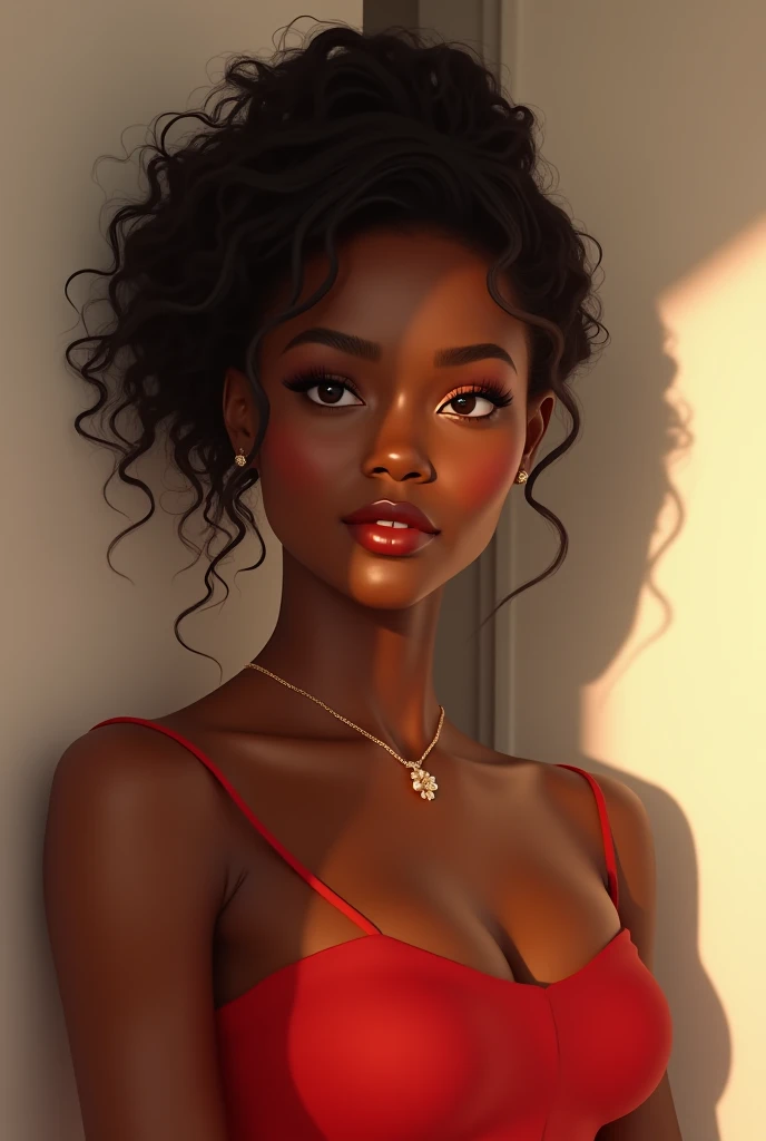 Une femme noire , simple , naturelle, mais élégante qui porte peu de bijoux. Elle est habilee en rouge de maniere classe et a une expression faciale douce et chaleureuse. 