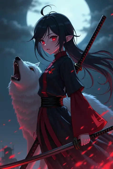 Create an anime girl with red eyes color, recommended shirt color black and red, a wolf beside the girl, the girl holding a katana sword at night and named as Muqadas