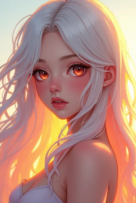 A curvy anime girl with sunset coloured eyes and long white hair with golden, orange and pink highlights and curtain bangs 