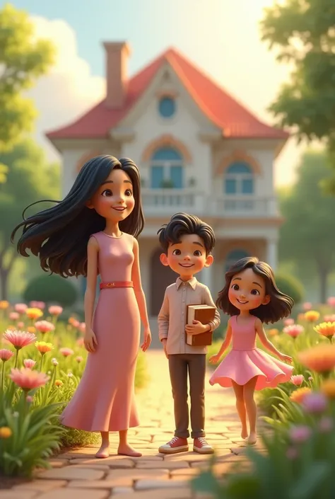 "A vibrant 3D scene depicting the 25-year-old girl and her two siblings living a life of comfort and prosperity. The siblings stand in front of a grand, elegant house with a beautiful garden filled with blooming flowers and lush greenery. The girl is dress...