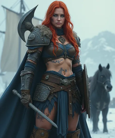 A towering 60" Viking warrior woman in her 20s exudes an aura of raw power and cool defiance, her muscular, toned frame etched with scars of hard-won battles. Fiery red hair falls in untamed waves, framing icy blue eyes that pierce through the mist like a ...