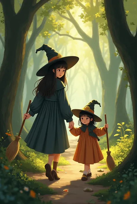 Korean mother and two-year-old daughter dressed as witches holding brooms holding hands in forest