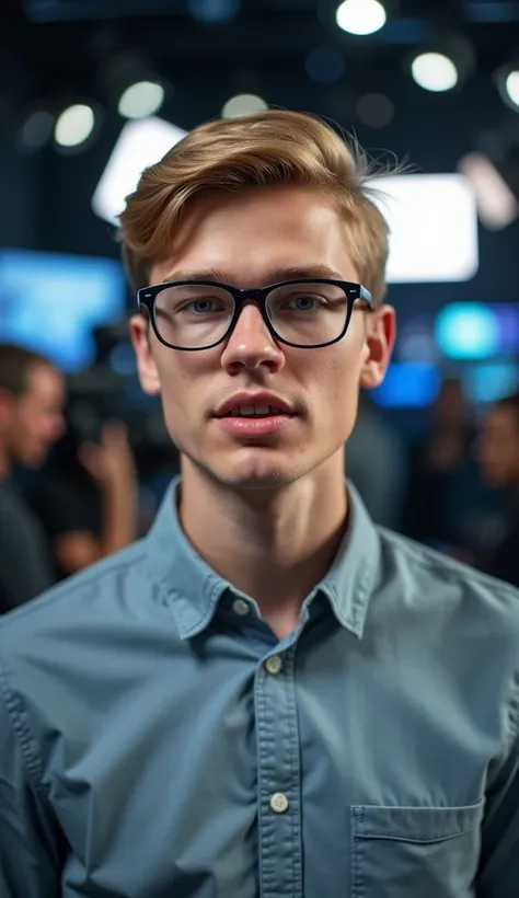 close up of nerd student in tv studio as speaker. european  blond guy