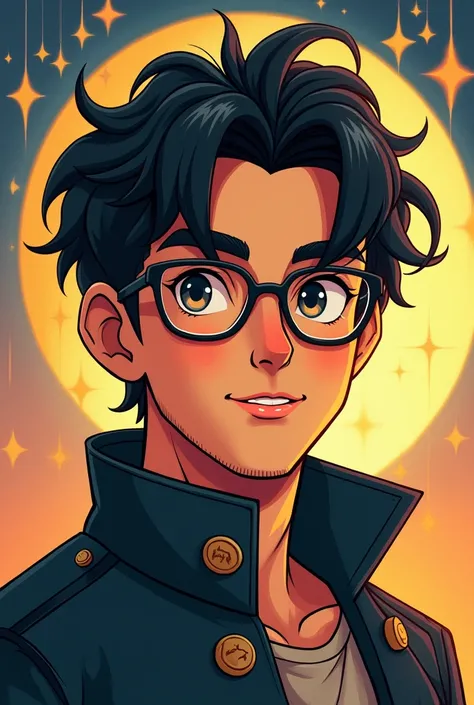 humanize in a drawing or sketch a star in a version of a man with black hair, He wears glasses and has a nice smile 