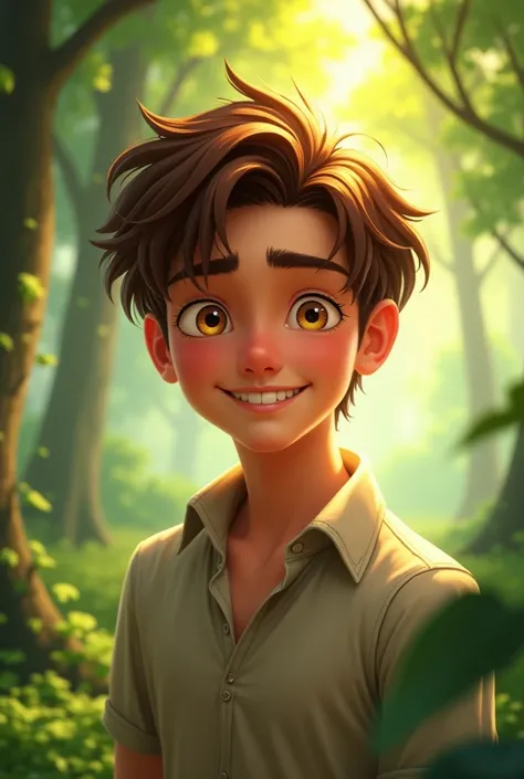 {[young adult male]} {[brown hair]} {[yellow eyes]} {[smiling brightly]} {[forest theme]} {[realistic animated style]}