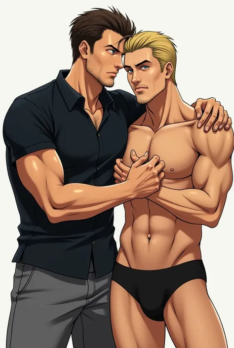 anime manga CLAMP mature man,old,combed hair,sexy, with blue eyes, barba,  crossed arms and very short dark brown hair, super strong,wearing a black polo shirt,black underwear,  muscular legs, sexy, I hug another mature blond man,hot, gay