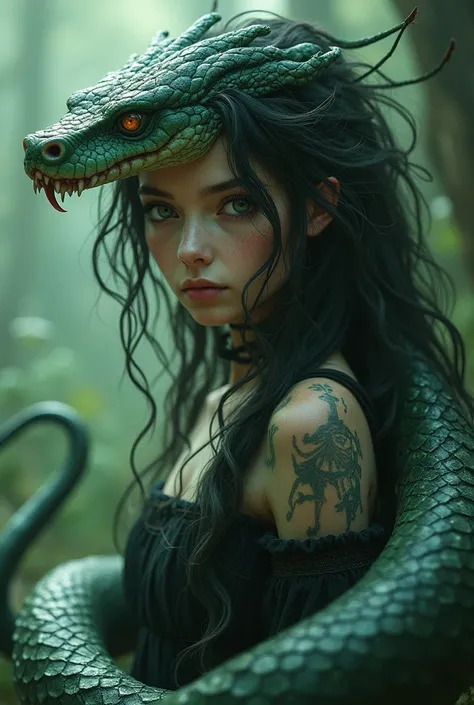  A semi-human girl has ,  her hair is actually her volanes from the waist down she has her long tail,  It has fangs , tongue and eyes of a snake ,  greenish skin with black details 