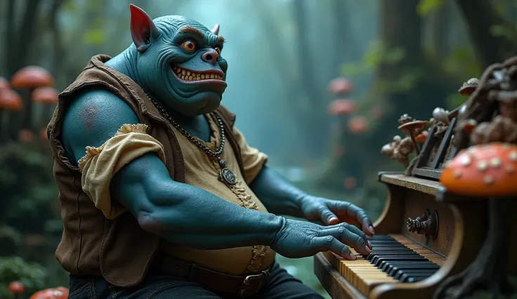  An enchanting and unique character :  an ogre of height with a belly Round that bounces to the rhythm of the . Their skin is a bright dark blue color with darker irregular spots,  music and wears a frayed leather vest over a wrinkled linen shirt that bare...