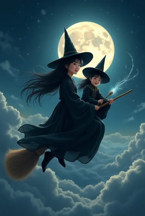 Korean mother and two-year-old daughter dressed as witches flying on witch brooms