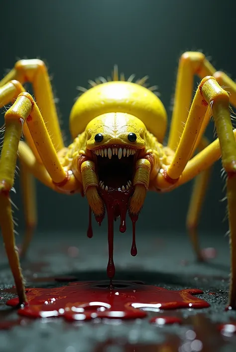 a yellow spider with blood in its mouth and smiling 