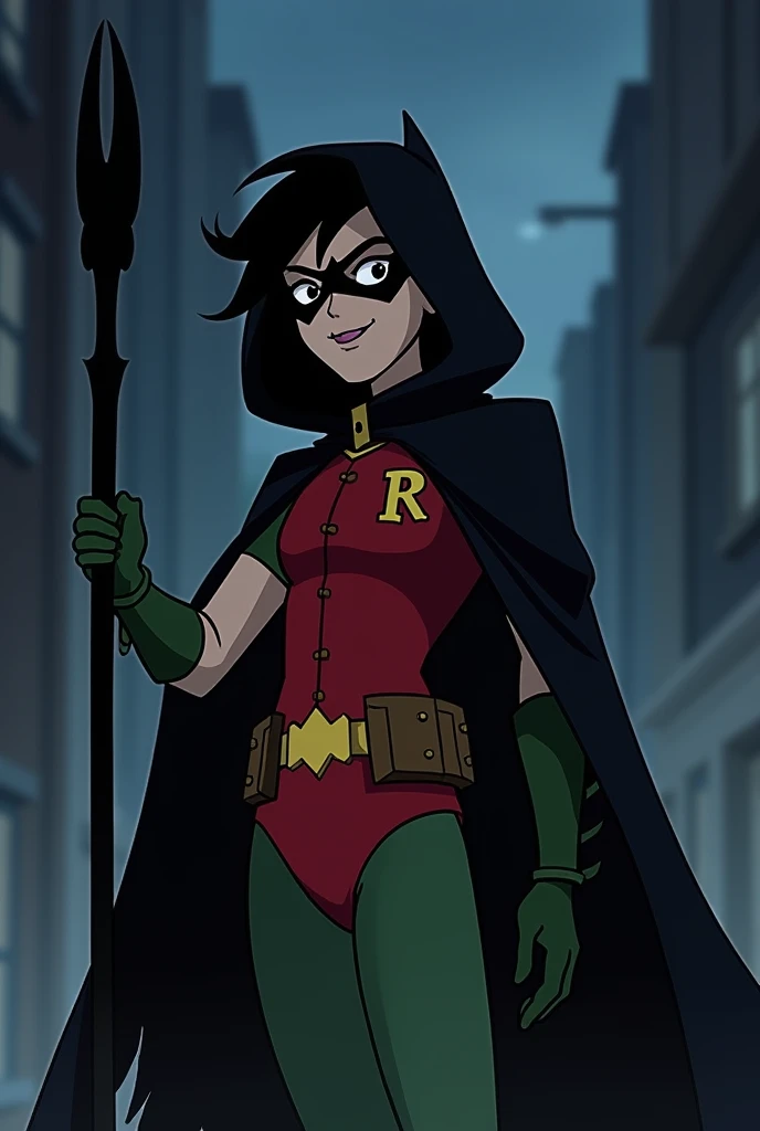 DC Comics Animation. Teen Titans Style. Robin. Black medium length scattered hair with scattered banngs. Wearing a red and dark green robin costume. Wearing a black  torn cloak. Hooded. Wielding a black quarterstaff. Action pose. Dark night mist alley back...