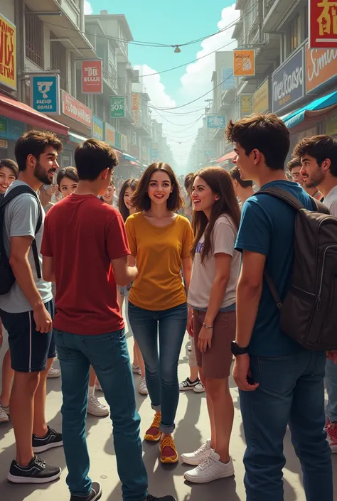 A group of young people hanging out in a street. Some are laughing and joking around, while others are standing in the background looking suspicious. The street has a mix of lively and tense energy.