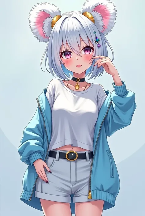 Beautiful short white frostblue hair female anime character with koala ears wearing gold accessories In the head , cyber punk style clothes Short shirt and shorts with cardigan full body Wearing shoes or heels