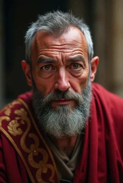  m close on the face of Ananias ,  a middle-aged man with a short gray beard ,  skin marked by time and expression of surprise and deep regret.  He wears a scarlet red robe partially visible ,  with details embroidered in gold . Soft light illuminates the ...