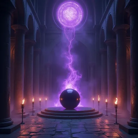 A vast and ancient academy hall radiates an eerie yet awe-inspiring energy. Purple flames flicker atop torches, their light casting sentient shadows that twist and move as if alive. The stone walls are engraved with glowing, ancient glyphs that hum faintly...