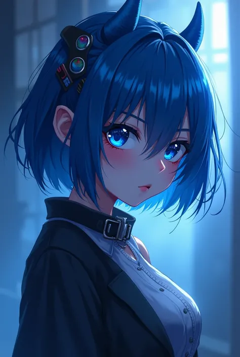 an anime girl who is very beautiful and attractive, a short half demon who looks very angry, her hair is blue, her eyes are blue, her collar around her neck says prodkes, the theme and atmosphere is chaos, whether the mas is blue pixels, whether it is erro...