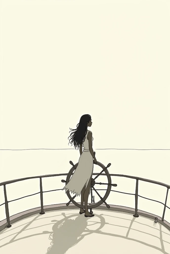 I need a minimalist , SKETCH ,  of a navigator on her ship, dark skin,  long wavy hair clothing,  looking at the horizon  