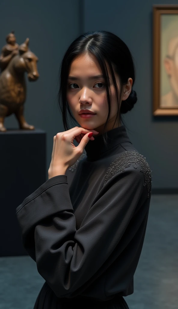 January
A poised and mysterious first crush with sharp, symmetrical features. She has sleek black hair styled in a low bun with loose strands framing her face. Her outfit is a high-neck charcoal gray blouse with intricate embroidery. The background is a di...