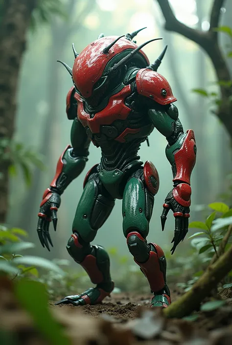 Realiste HD 4K, hybride creature corps melange humanoïde et de insecte,couleur rouge et verte,en armure futuriste, paysage tropicale apocalyptique,