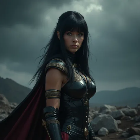 Epic warrior princess Xena stands tall in a one-point full length perspective, her long straight black hair and bangs framing her determined blue eyes. Clad in sleek black armor adorned with golden accents, she grips her sword tightly, her defensive stance...