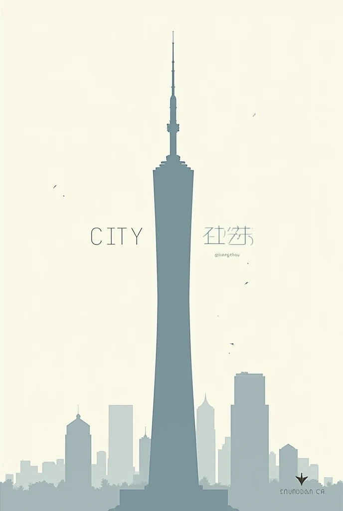 Minimalist painting Guangzhou Tower ， on both sides of the tower write city and pulse pictures in English and some small fonts in the lower right corner， floating some fonts writing popepan 