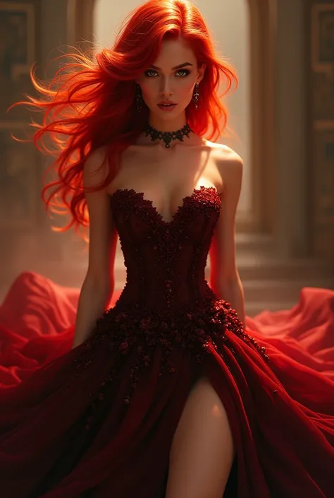 Female, Red Fiery Hair, Red Eyes, Wearing Beautiful Ballgown, Tight, Slit on side, Sexy