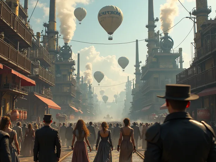  32k realistic photo of a steampunk scene from daily life with steam engines, Gears , des montgolfières et des personnes habillées dans un sytile victorien avec des ornements métalliques 