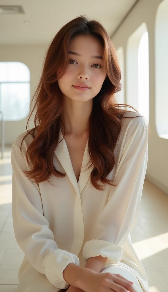 March
A serene and introspective first crush with refined beauty. She has long, glossy chestnut hair cascading over one shoulder. Her outfit is a minimalist white silk blouse with pearl accents. The background features a sleek modern interior with soft, di...