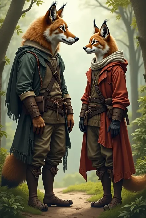 Brown wolf and lynx anthropomorphic in human clothing 