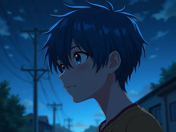 cinematic manga style portrait of a 14-year-old boy with blue hair, night time,  masterpiece