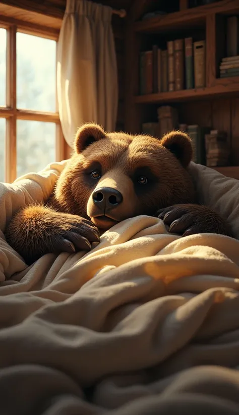 Bear wakes up in bed