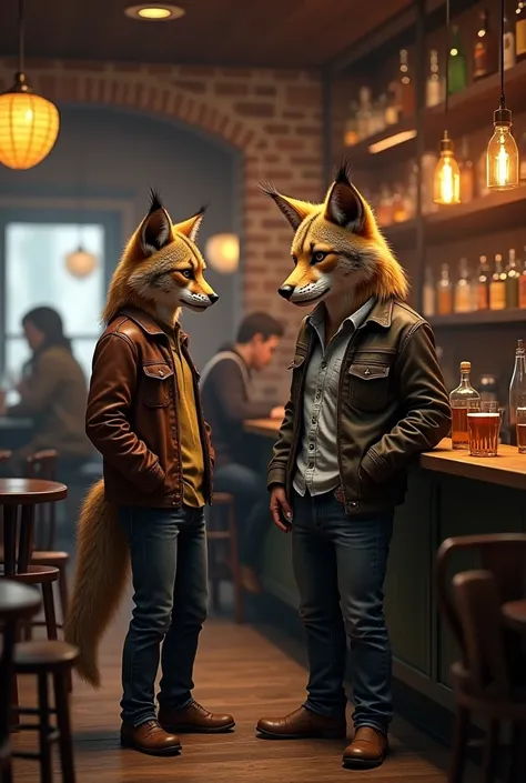 Anthropomorphic lynx together with a anthropomorphic brown wolf in a bar with human clothes