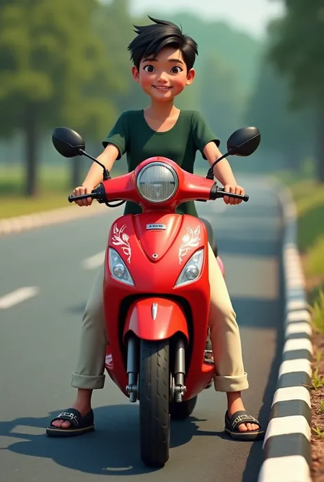 (photorealism: 1.2), A young person of likely Southeast Asian ethnicity, positioned in the mid-ground of the image, is seated on a red and white motorcycle. The person is a teenager or young adult, dressed in a dark green top with a lighter colored, possib...