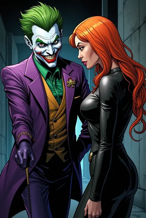 DC comic panel I want you to draw the Joker working with a girl with orange hair 