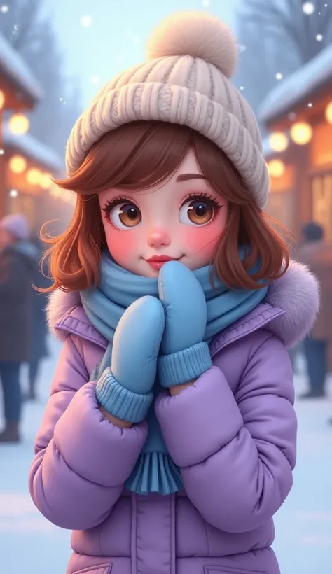 August
A sweet and irresistibly cute first crush bundled up for winter. She has shoulder-length chestnut hair styled with soft bangs and a knitted cream beanie. Her outfit is a lavender puffer jacket with a baby blue scarf and matching mittens. Her cheeks ...