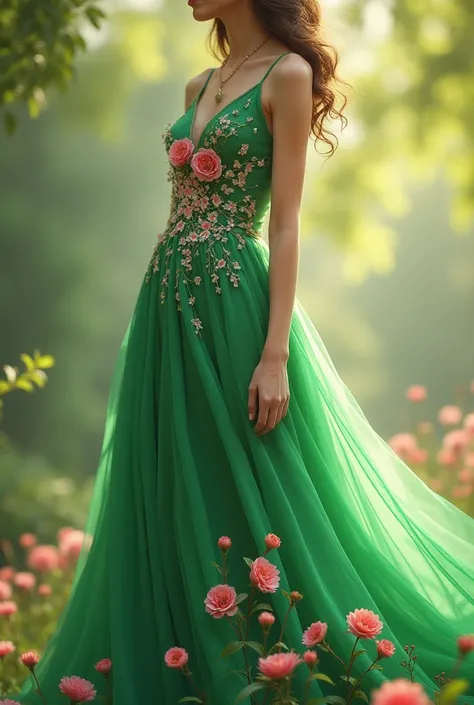  I want a green dress with pink and flowers and a silk fabric