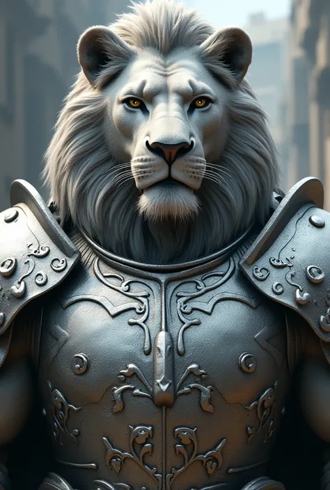 In high definition and in realistic , Close on a Warrior Lion , Humanoide, very strong and powerful,  style with silver armor full of details and embossed symbols,  the details must be noticed.