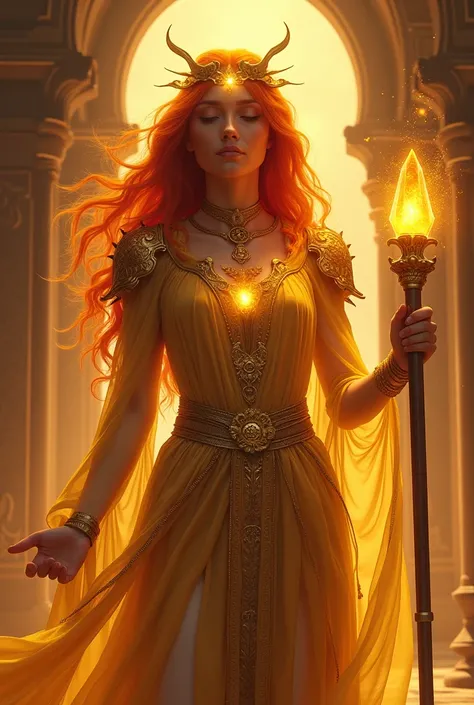 A radiant goddess of wisdom, her appearance a stunning fusion of ancient power and ethereal grace. She has fiery hair, glowing like the sun, radiating light and energy, symbolizing the burning brilliance of intellect and insight. Her eyes burn with a golde...