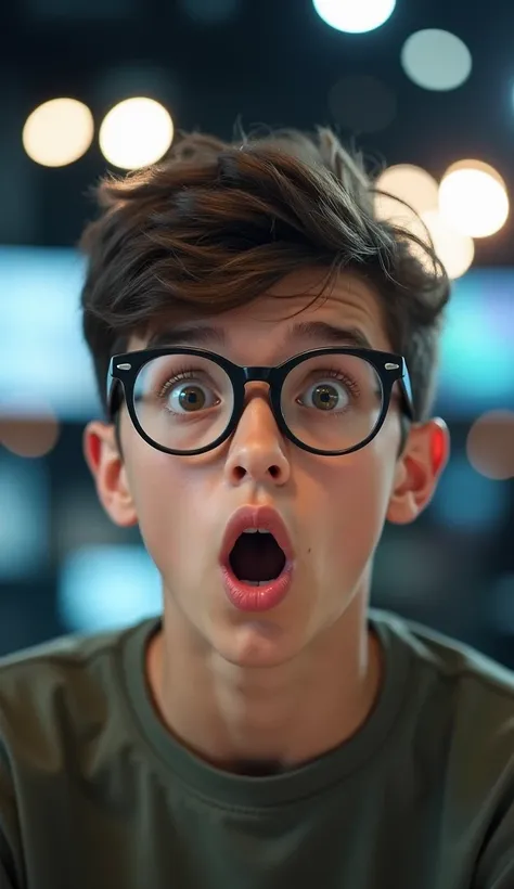 close up of  surprised nerd student in tv studio. boy with pretty face