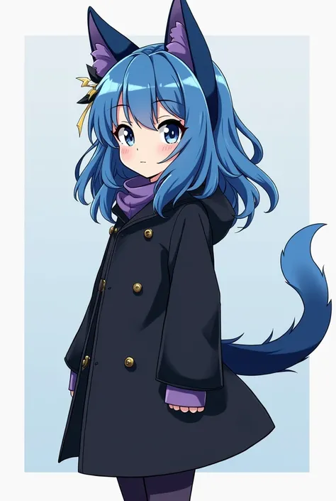 a cartoon of a girl with a black coat and a blue tail, an anime drawing inspired by Awataguchi Takamitsu, trending on pixiv, mingei, one blue ) and huge bat ears, anime moe artstyle, 1 7 - year - old anime goth girl, full body adoptable, anigirl batman, an...