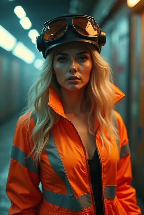 Hyper réaliste blonde girl weraning a building hat and a hi visibility jacket big breast cinematic 8k