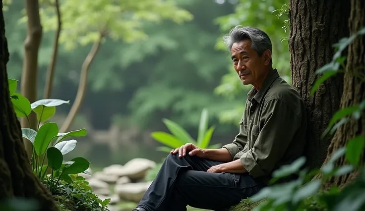 I get a middle-aged Asian man sitting next to the image in the right corner in a square rich in nature with a sad face