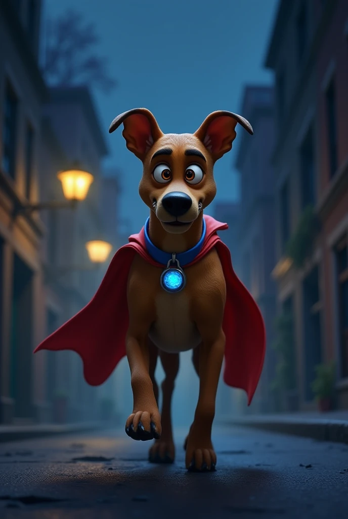 A Pixar-style super dog with a bright red cape, muscular build, and a shiny blue collar patrolling a dark, empty street at night. The street is lit by dim, flickering streetlights. The dog has large, expressive eyes, showing determination and alertness. Th...