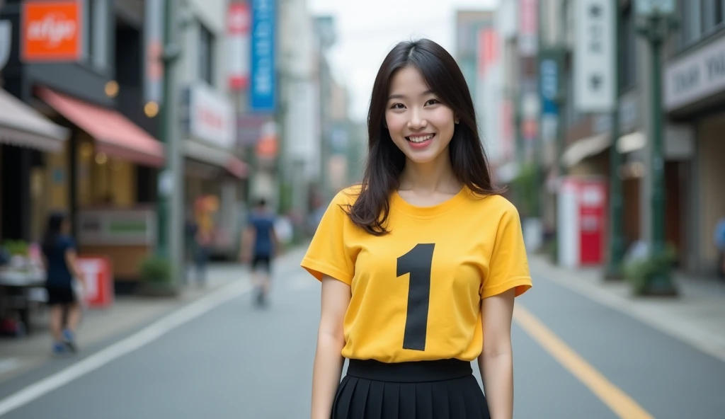 A beautiful young Japanese woman standing on a city street.  She is wearing a yellow t-shirt with a large black number one on the front, and a black pleated skirt.  She is looking at the viewer and smiling. It is daytime.